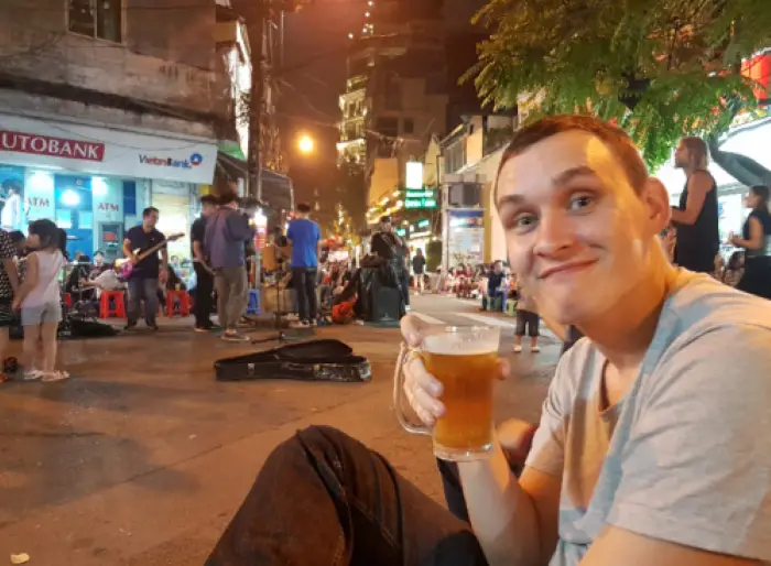Jake drinking bia hoi on Beer Street